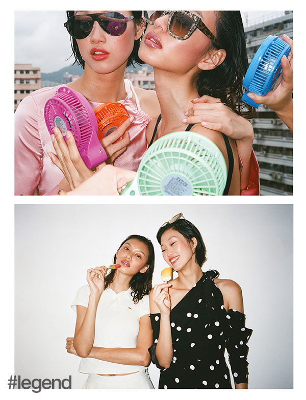Top: On Angie (left) Top _ Topshop Unique at Net-A-Porter | Briefs _ KIINI at Net-A-Porter | Sunglasses _ Stella McCartney / On Louise (right) Bathing suit _ Moschino | Sunglasses _ Stella McCartney // Bottom: On Louise Shirt _ Lacoste | Skirt _ Loewe / On Angie Dress _ Monse at Net-A-Porter | Sunglasses _ Dior
